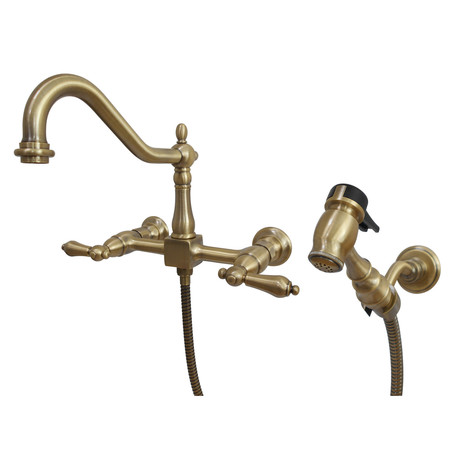 HERITAGE KS1243ALBS 2-Handle 8" Wall Mount Kitchen Faucet with Brass Sprayer KS1243ALBS